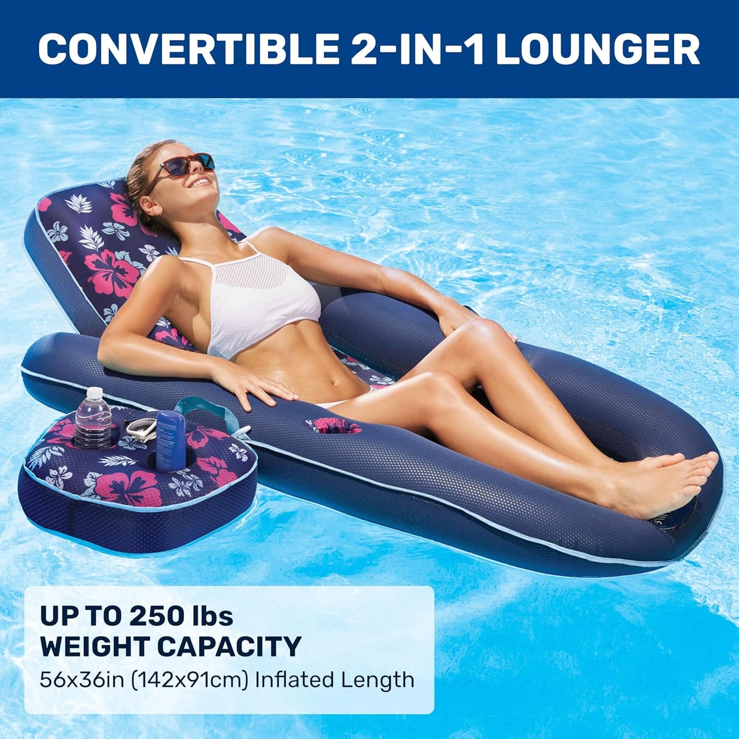 Aqua Campania Ultimate 2-in-1 Pool Float Lounge – Extra Large – Inflatable Pool Floats for Adults with Adjustable Backrest & Cupholder Caddy